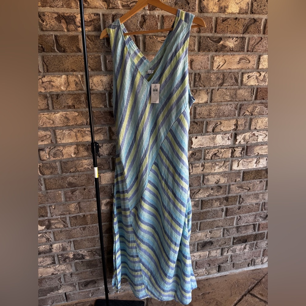 J Jill Love Linen Lotus Maxi Dress size XL Striped Blue Green Lined - Picture 5 of 16